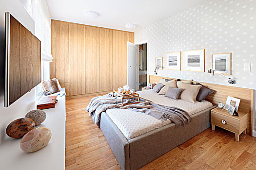卧室,双人床,苍白,木地板,合适,木质,衣柜