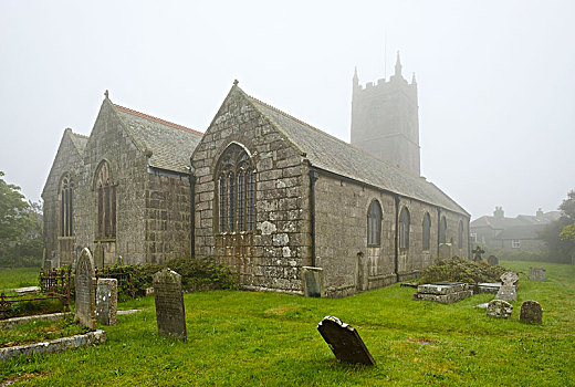 重,雾,墓地,教区教堂,康沃尔,英格兰,英国
