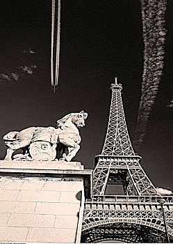 喷气式飞机,飞行云,高处,埃菲尔铁塔,巴黎,法国