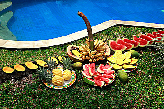 水果,野餐,游泳池,龙目岛,印度尼西亚,东南亚