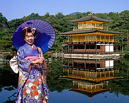 金亭,女孩,和服,金阁寺,京都,日本