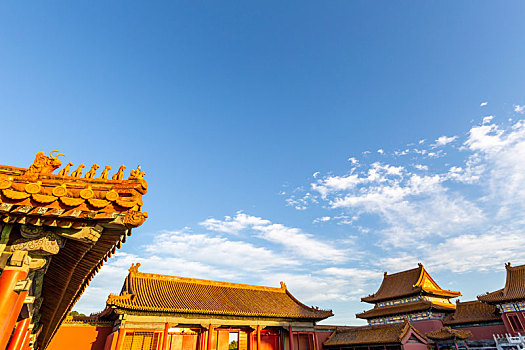 蓝天白云超广角下北京故宫的独特建筑,飞檐走兽,红墙黄瓦