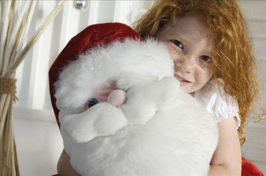 圣诞节,肖像,小女孩,拿着,毛绒玩具,圣诞老人,室内