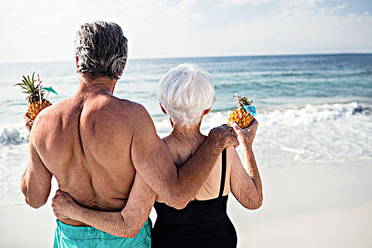 老年,夫妻,拿着,菠萝,鸡尾酒,海滩,后视图