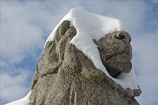 积雪,狮子,石头,卡尔斯,斯图加特,巴登符腾堡,德国,欧洲