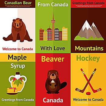 加拿大,彩色,迷你,海报,熊,山,枫蜜,海狸,隔绝,矢量,插画