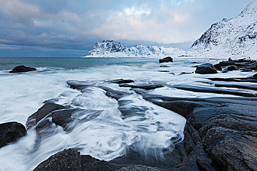 海滩,冬天,罗弗敦群岛,挪威,欧洲