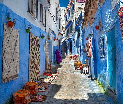 地毯,悬挂,蓝色,墙壁,狭窄,小巷,房子,麦地那,舍夫沙万,沙温,摩洛哥,非洲
