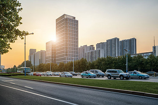 城市斑马线地面和城市现代建筑