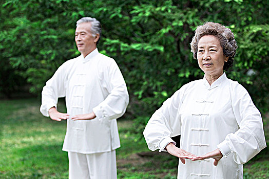 站在草地上练武的老年男女