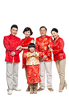 棚拍中國(guó)新年快樂(lè)的唐裝家庭