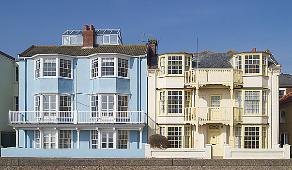 英格兰,蓝色,黄色,房子,海边,奥尔德堡,渔村,19世纪,流行,海滨胜地