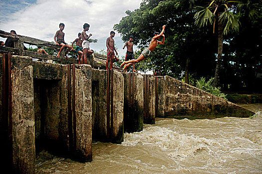 乡村,孩子,跃起,运河,热,夏天,孟加拉,九月,2008年