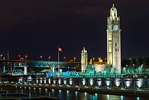 加拿大,蒙特利尔,老,港口,钟楼,晚间