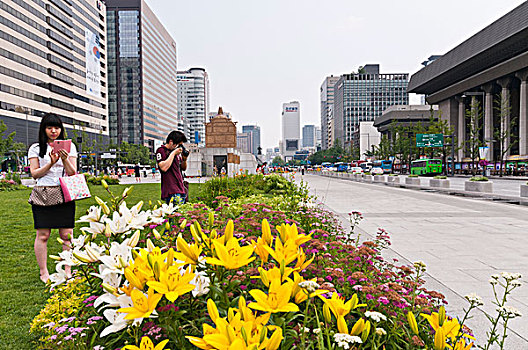 两个,年轻,韩国人,照相,花,花园,首尔