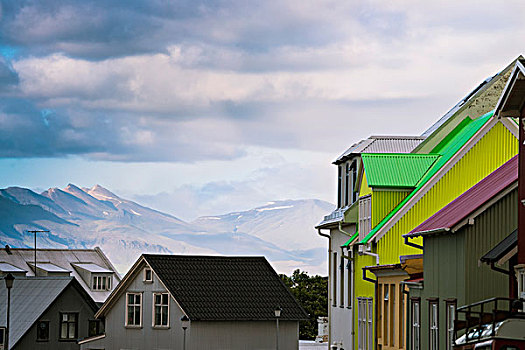 彩色,房子,山,背景,雷克雅未克,冰岛