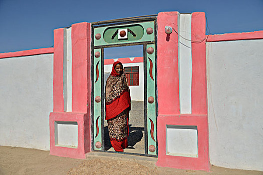 努比亚,女人,特色,鲜明,连衣裙,正面,房子,乡村,尼罗河流域,苏丹,非洲