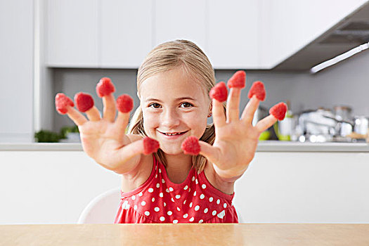 女孩,放,树莓,手指