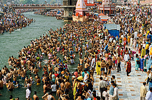 人群,人,沐浴,著名,浴,哈里瓦,北阿坎德邦,乌塔兰邦,印度,亚洲