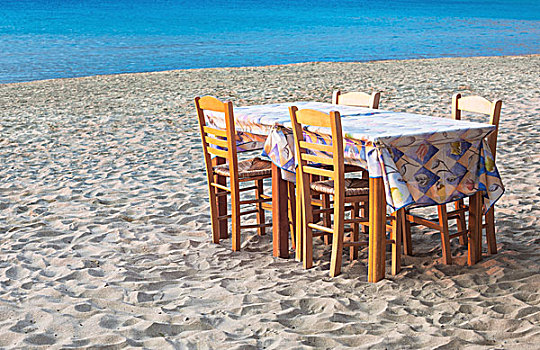 希腊,桌子,椅子,沙滩