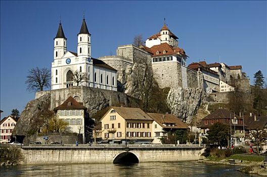 教堂,要塞,河,瑞士
