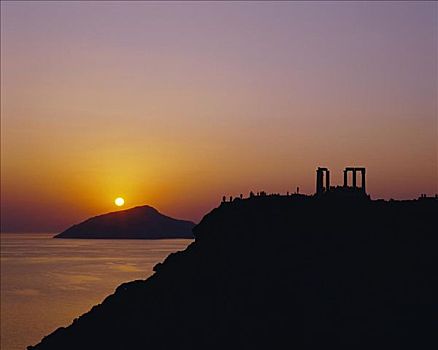日落,上方,苏尼安岬,海神殿,希腊
