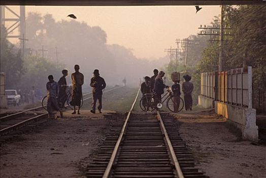 缅甸,曼德勒,人群,铁路