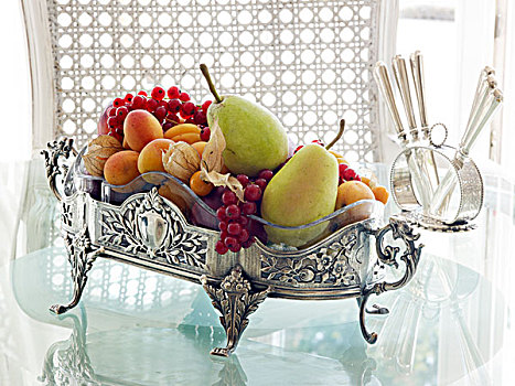 老式,银,果盘,水果,精致,气氛,早餐桌