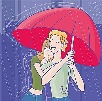 年轻,情侣,拿着,伞,雨