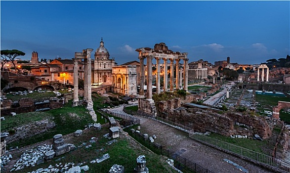 全景,古罗马广场,晚上,罗马,意大利