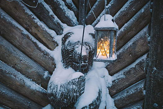 冬季被冰雪覆盖的小熊雕像和户外灯笼