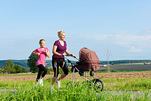 家庭,运动,母女,慢跑,小路,婴儿车,美好,晴天
