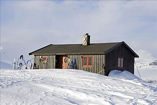 挪威,特罗姆瑟,遥远,山区木屋,提供,许多,蔽护,极限,冬天,寒冷