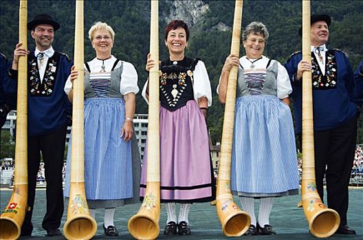 传统,喇叭,吹筒,节日,因特拉肯,少女峰,瑞士
