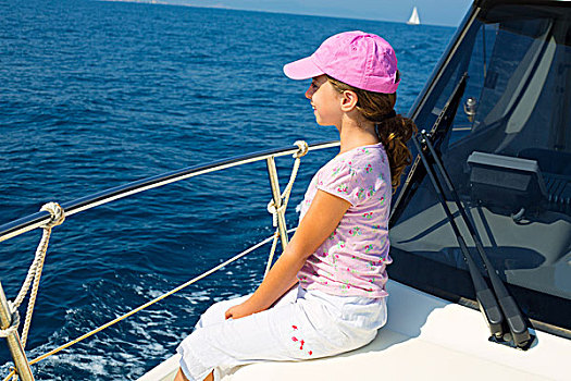 孩子,高兴,女孩,航行,船,蓝色海洋,海洋