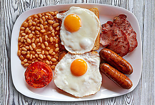 英国,早餐,两个,蛋,香肠,豆,熏肉,烤蕃茄