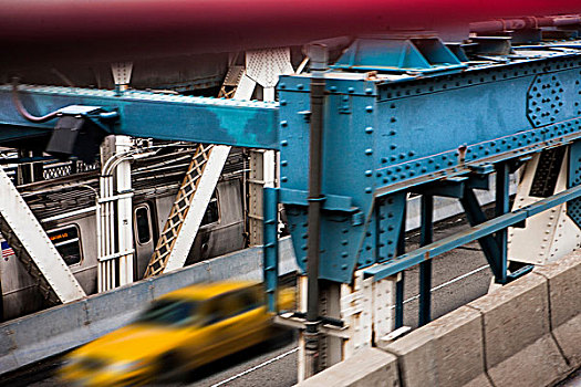 黄色出租车,驾驶,上方,曼哈顿大桥,纽约,美国