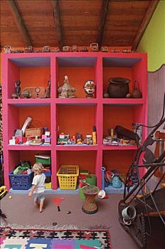 卧室,粉色,橙色,架子,玩具,地毯
