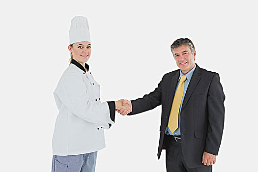 头像,高兴,商务人士,女性,厨师,握手,上方,白色背景
