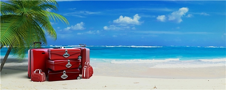 红色,行李,热带沙滩