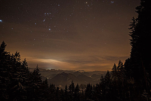 冬天,夜晚,兰格丽斯,巴伐利亚阿尔卑斯山,上巴伐利亚,巴伐利亚,德国