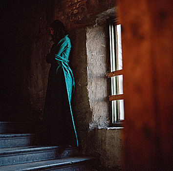 女人,站立,暗色,楼梯,瑞典
