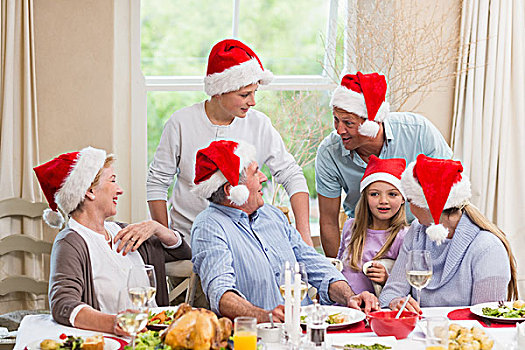 高兴,大家庭,圣诞帽,交谈,一起