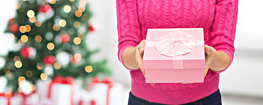 圣诞节,休假,人,概念,特写,女人,粉色,毛衣,拿着,礼盒,上方,客厅,树,背景