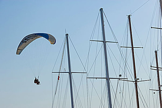 一前一后,滑翔伞,帆船,桅杆,安塔利亚,土耳其