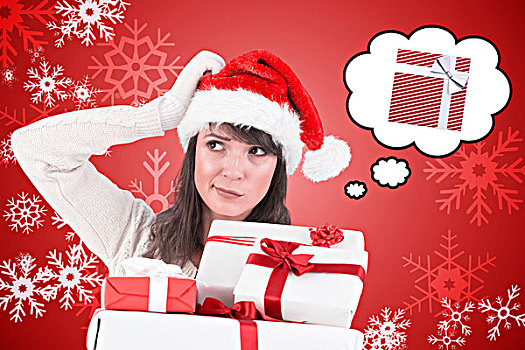合成效果,图像,圣诞老人,女人,挠头,拿着,礼物,红色,雪花,图案,设计