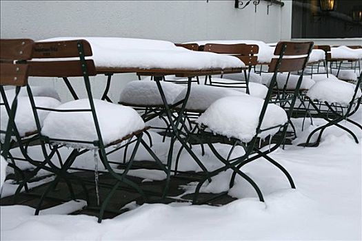 德国,慕尼黑,积雪,桌子,椅子,啤酒坊,餐馆
