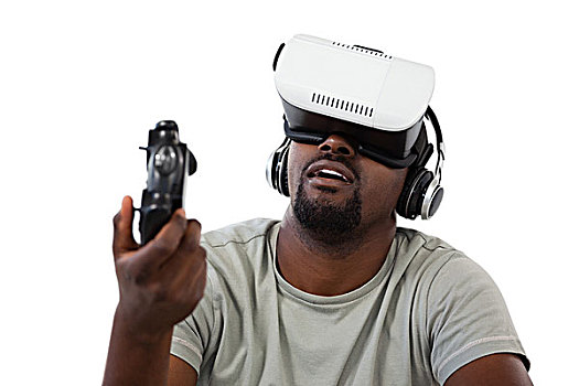 男人,虚拟现实,耳机,玩,电子游戏,白色背景