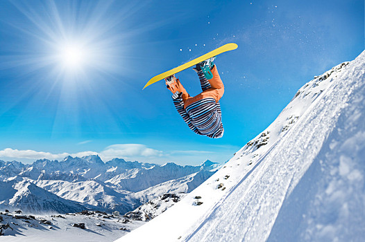 极限,滑雪板,男人,滑雪板玩家,跳跃,高,空中