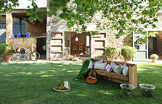 吉他,木制长椅,花园,户外,石屋,平台,门